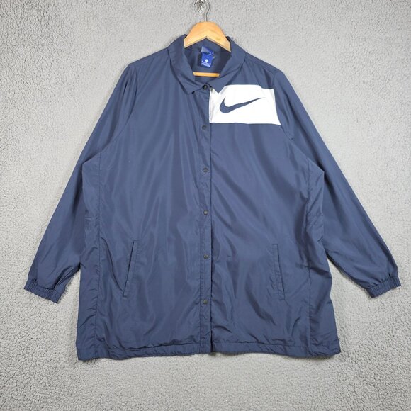 Nike Long Jacket Womens Size XL Navy Collared Button Snap Relaxed Fit Sportswear - Picture 1 of 14